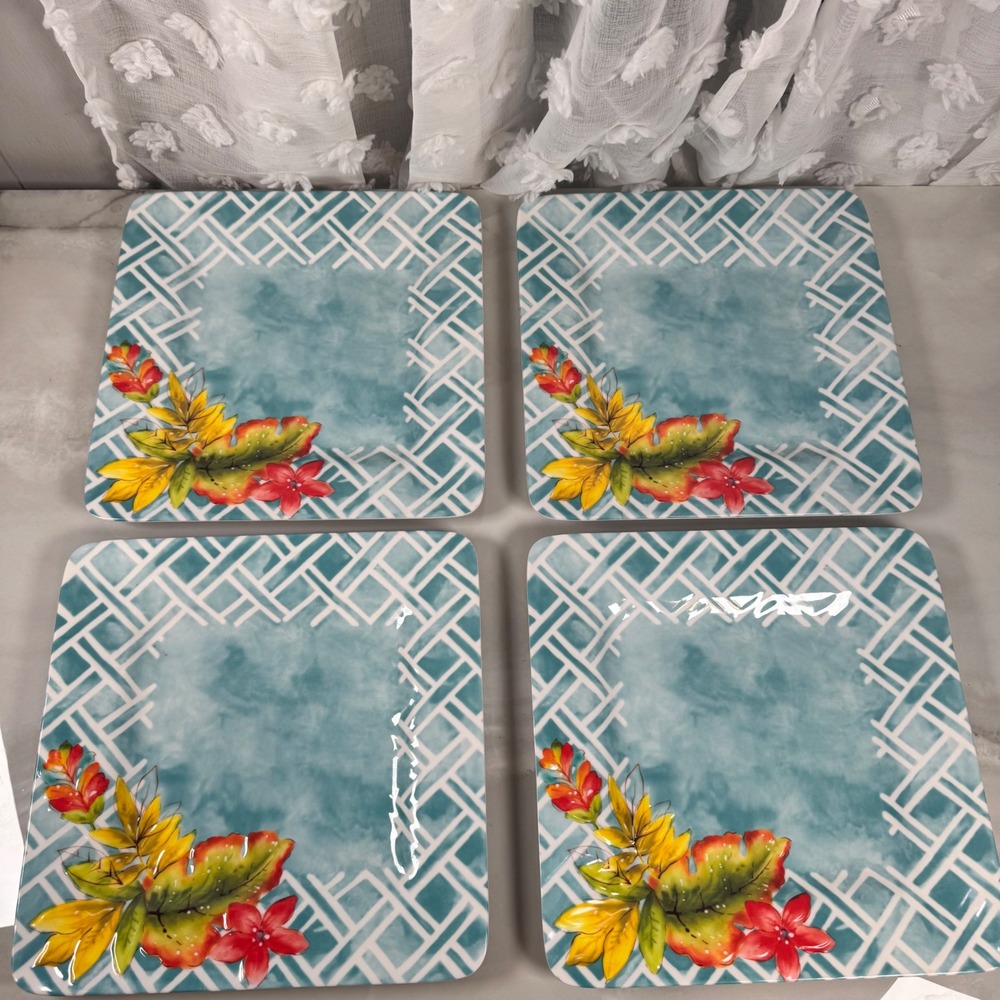 Laurie Gates Tropicalla Square Melamine Dinner Plates Tropical Patio Set of 4